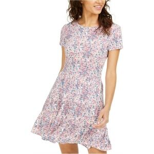 New White Be Bop Juniors Large Pink and Blue Floral Printed Tiered T-Shirt Dress